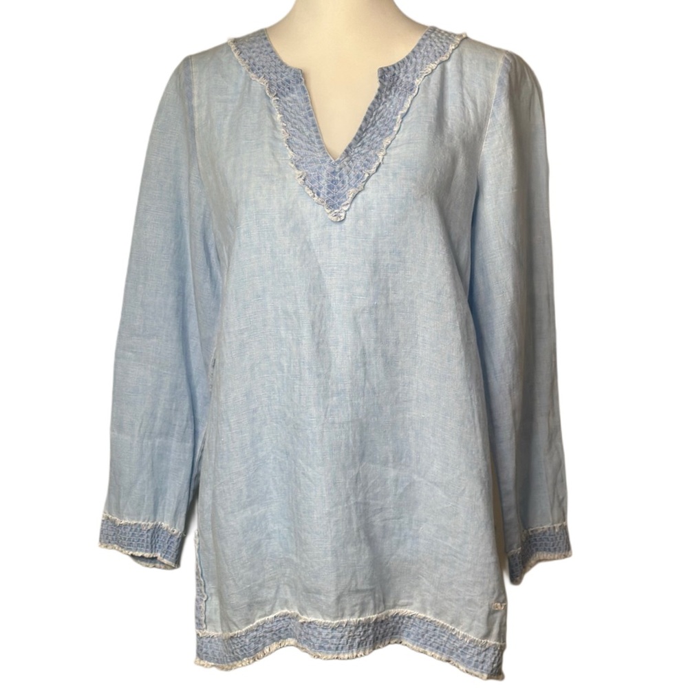 Vineyard Vines Light Blue Linen Blend‎ Tunic Top  Smocked Frayed Trim Size S
